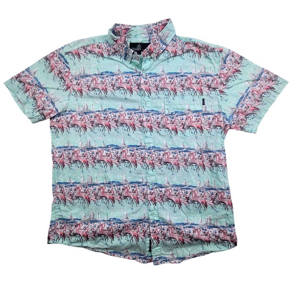 Molokai Surf Co Mens XL Short Sleeve Button Up Shirt Flamingo‎ Sailboat Print
